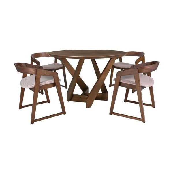 Mattia 5pc 120cm Round Dining Table Set Mauve Pink Fabric Seat Chair Walnut