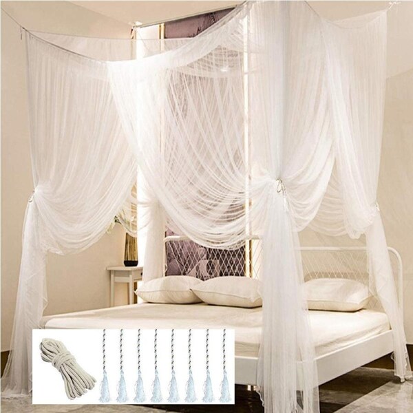 Mosquito Net for Bed Canopy, 4 Corner Post Curtains Bed Canopy Set White