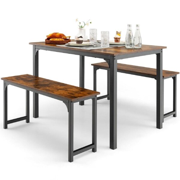 Costway 3PCS Wood Dining Table & Chairs Set Dining Furniture Set Steel Frame w/2 Benches Rustic Brown