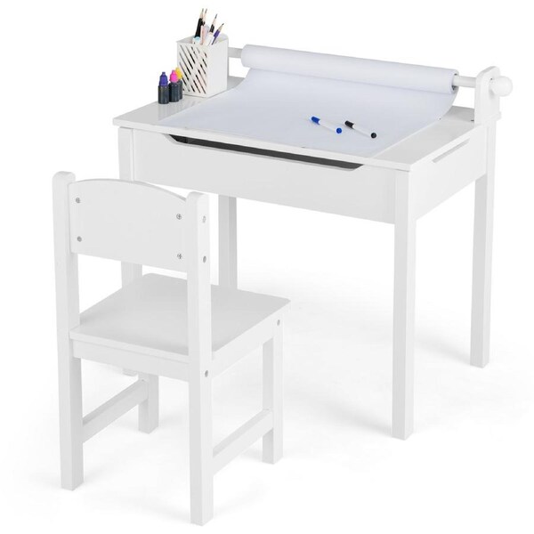 Costway Art Table Set Lift-Top Toddle Craft Table Chair Set w/ Paper Roll & Markers Room White