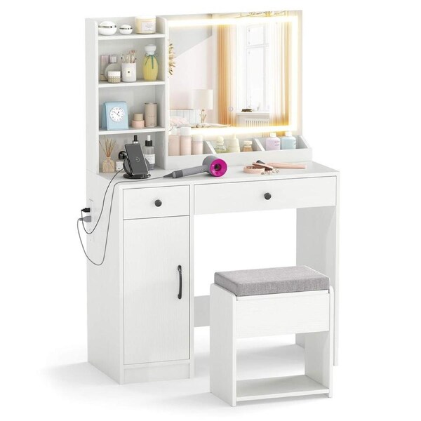 Costway Dressing Table Set w/LED Lighted Mirror Cabinet 2 Drawers & 3 Shelves Makeup Vanity Desk Stool