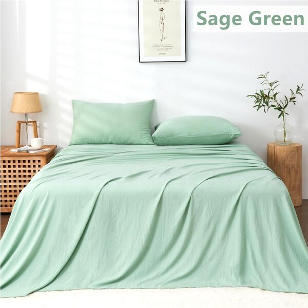LINENOVA Stonedwashed Sheet Sets Ultra Soft Comfort For All Seasons Single / Sage Green