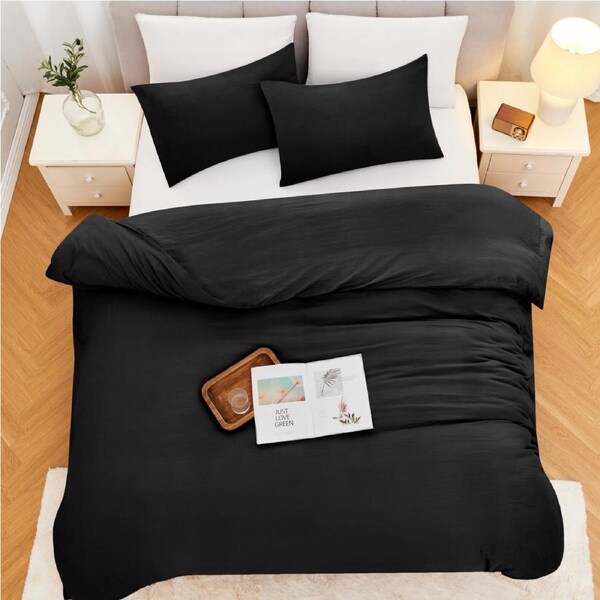 LINENOVA Extra Soft Quilt Cover Sets Stonewashed,Breathable Soft and Durable Bedding Double / Black