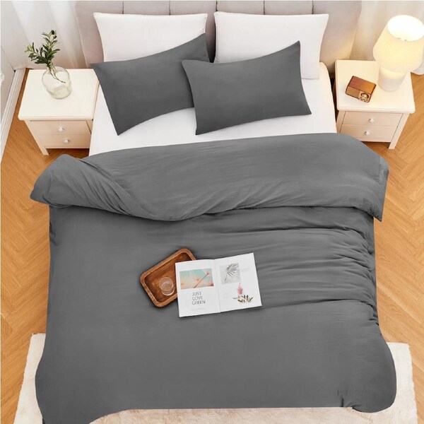 LINENOVA Extra Soft Quilt Cover Sets Stonewashed,Breathable Soft and Durable Bedding Double / Charcoal
