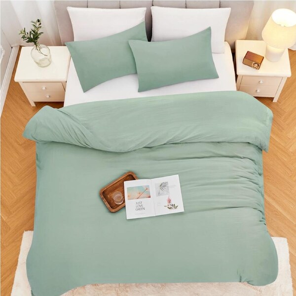LINENOVA Extra Soft Quilt Cover Sets Stonewashed,Breathable Soft and Durable Bedding Double / Sage Green
