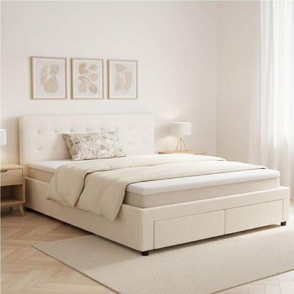 Julie PU Leather Double Bed Frame with Drawers Stylish Storage Design with Tufted Headboard White