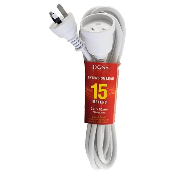Doss Power Extension Lead 240V/10AMP PVC 3-Pin Plug Cable Cord White 15M