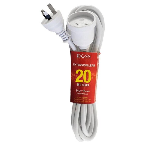Doss Power Extension Lead 240V/10AMP PVC 3-Pin Plug Cable Cord White 20M