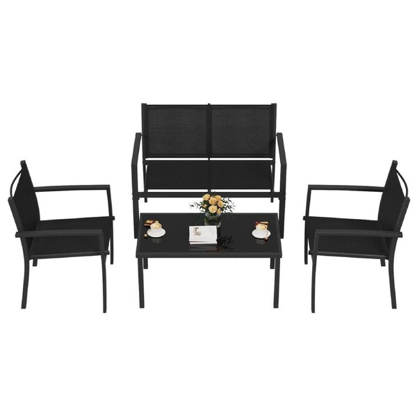 Advwin Patio Furniture Set 4 Pieces, Garden Conversation Sets with 2-Seater Bench, Outdoor Lounge Set Garden Bistro Set with Tempered Glass Table, Dining Sets for Lawn, Balcony, Backyard