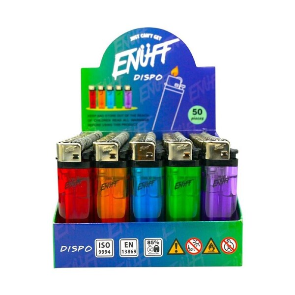 50 Enuff Lighters Gas disposable Adjustable Flame Assorted Colours