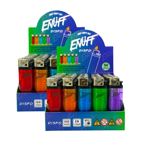 100 Enuff Lighters Gas Adjustable Flame Assorted Colours