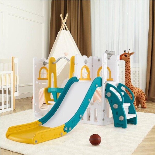 Babyjoy L-shaped Kids Swing & Slide Set w/Basketball Hoop Freestanding Toddler Slide Playground Yellow