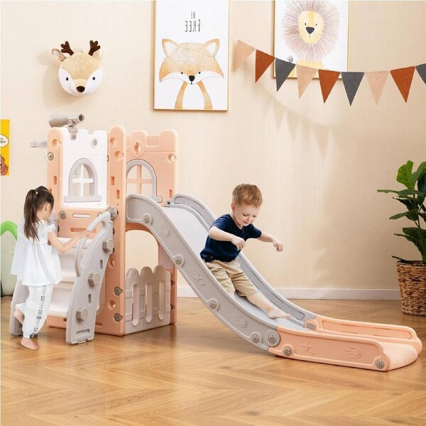 Babyjoy kids slide 6-in-1 Kids Slide Set L-shaped Slide Center w/Basketball Hoop Toddler Playground toddler slide Pink