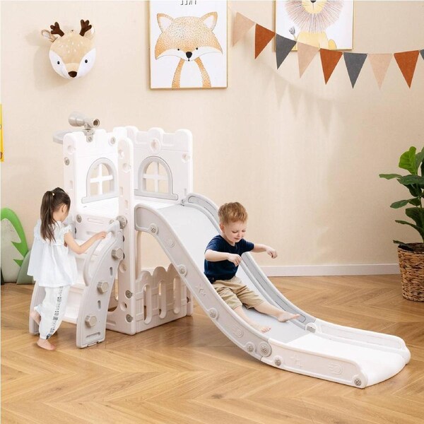 Babyjoy kids slide 6-in-1 Kids Slide Set L-shaped Slide Center w/Basketball Hoop Toddler Playground toddler slide Grey