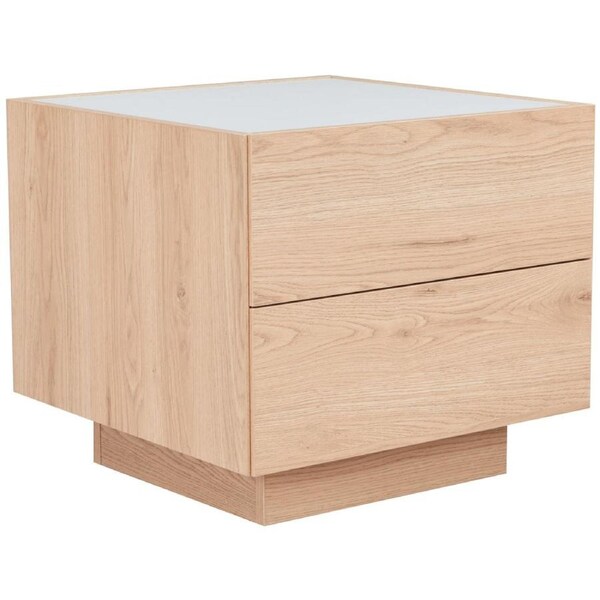 Design Square Tempered Glass Top 2-Drawers Nightstand Bedside Table Natural Oak