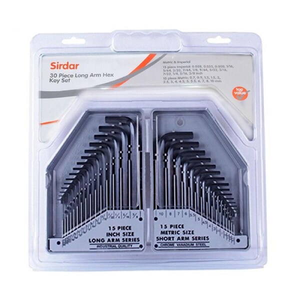 Sirdar 30 Piece Metric Imperial Long Arm Hex Key Set Allen Keys Short Series PRO