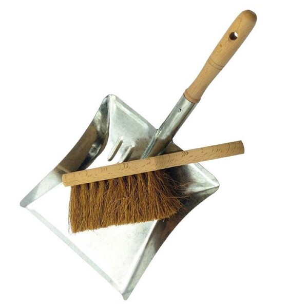 Fireplace Brush and Pan Metal Dustpan Fire Heat Resistant Natural Coco Brush Med