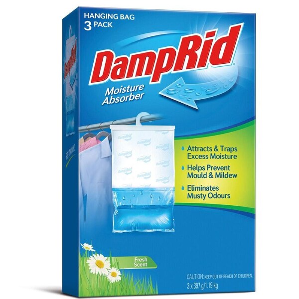 3x DampRid Hanging Moisture Absorber 397g Damp Rid Packs Model Mould Odour Kill