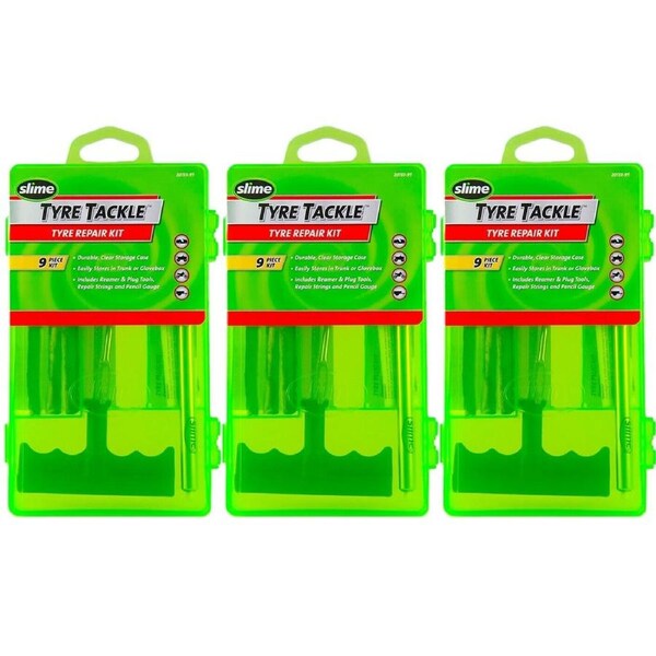 3x SLIME Bike Car Tyre Tire Puncture Repair Solution Kit 9pc with Gauge & Plugs