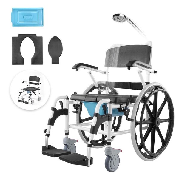 Multifunctional 4-in-1 Shower Wheelchair with Commode & Flip-Up Armrests