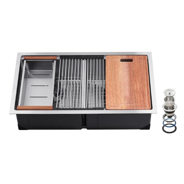 33" Stainless Steel Undermount Double Bowl Kitchen Sink with Workstation