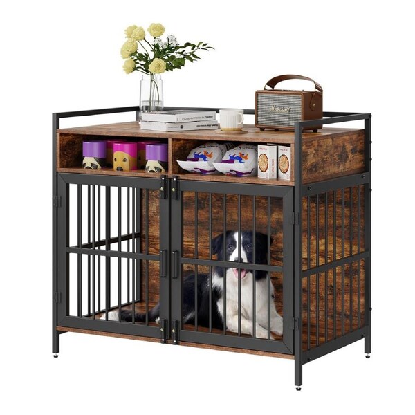 41" Wooden Dog Crate with Double Doors & Storage Cubes - Pet Furniture