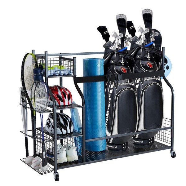 Golf Equipment Garage Organizer with Wheels and Hooks for 3 Bags