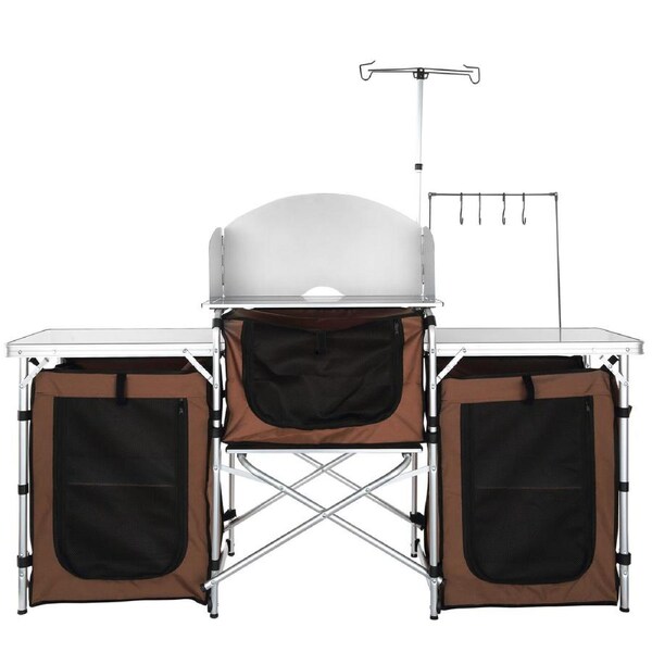 Portable Folding Camping Kitchen Table with Storage and Windshield