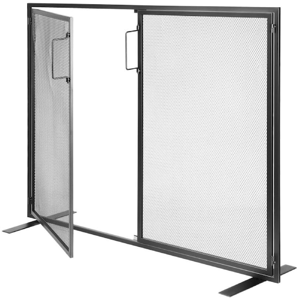 Modern Black Iron Fireplace Screen with High-Density Mesh and Magnetic Doors