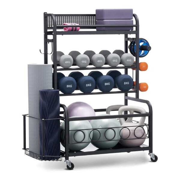 Multifunctional Home Gym Equipment Organizer with Wheels and Storage Hooks