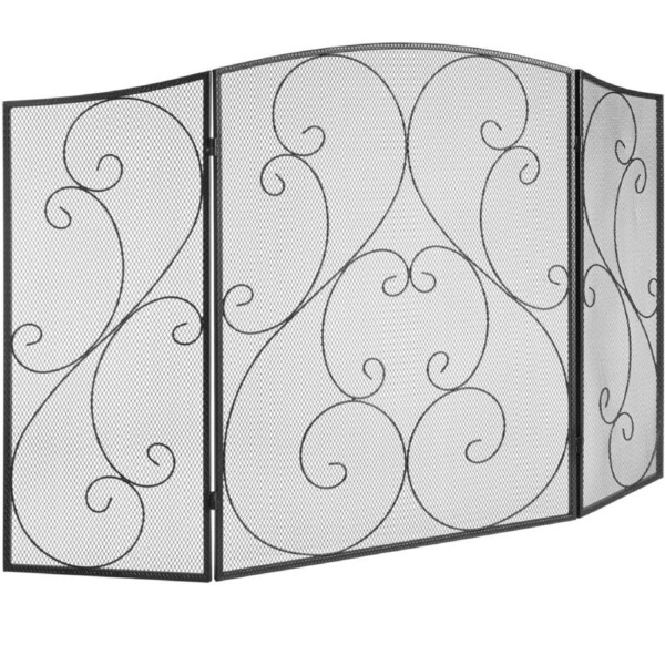 Vintage Black 3-Panel Iron Mesh Fireplace Screen - 48" Wide Spark Guard