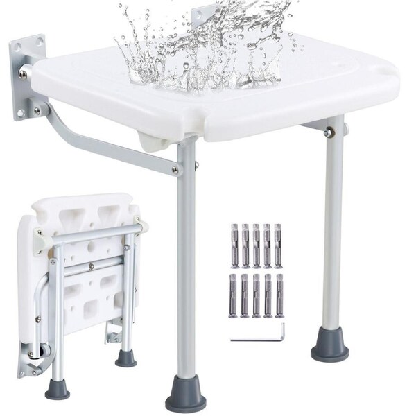 Wall-Mounted Foldable PE Shower Seat with 500 lbs Capacity and Non-Slip Legs