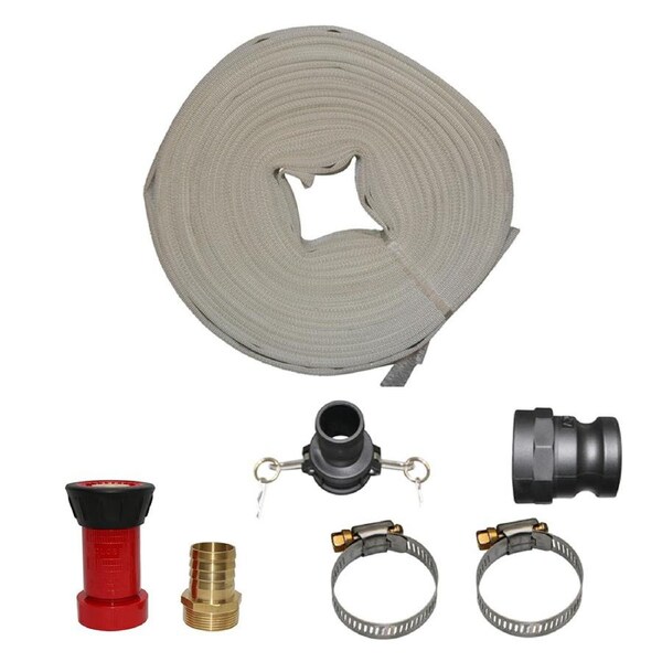 1.5" x 30m Canvas Layflat Fire Pump Firefighting Hose Kit with Nozzle Transfer