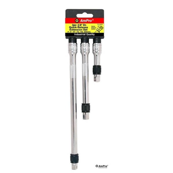 Ampro 3/8" Drive 3-Piece Extension Set T11372 – Chrome Vanadium Steel with Quick Release Button