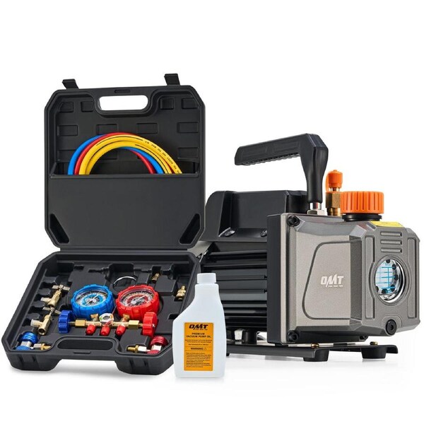 OMT HVAC Vacuum Pump Kit w AC Manifold Gauge Set for R134a R502 R22 R12 4cfm