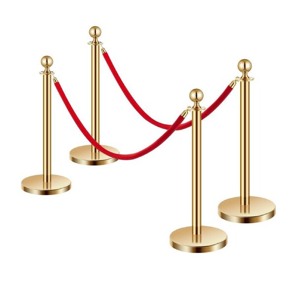 4-Piece Gold Stanchion Set with Red Velvet Ropes for Crowd Control