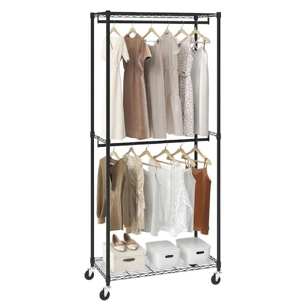 Heavy Duty Garment Rack with Double Hanging Rods & Adjustable Storage