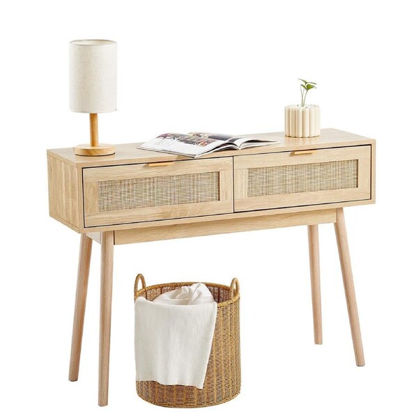 Natural Rattan Console Table with Storage Drawers and Sliding Door