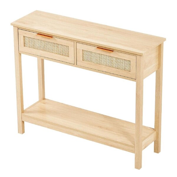 Natural Rattan Console Table with Storage Drawers and Sliding Door