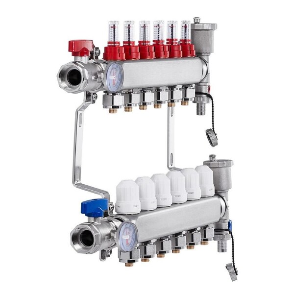 Stainless Steel 6-Branch Radiant Heat Manifold for PEX Tubing Floor Heating