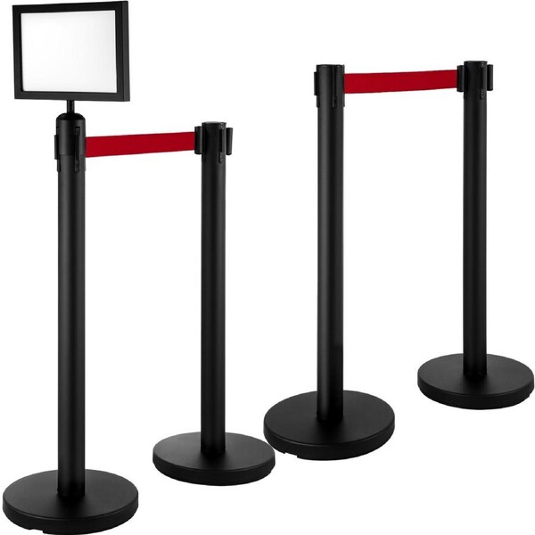 Stainless Steel Crowd Control Barriers with Sign Holder and Retractable Belts - 4 Pack
