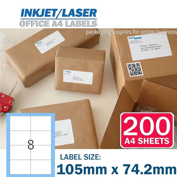 A4 Office Mailing Address label 8 up 105 x 74.2mm Peel & Paste Label - 8UP x200