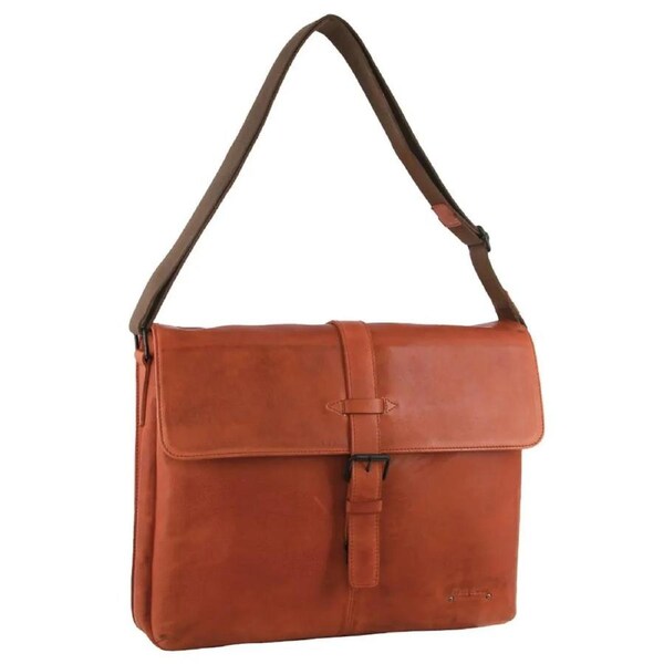 Pierre Cardin Italian Leather Flap-Over Laptop Computer Bag in Cognac