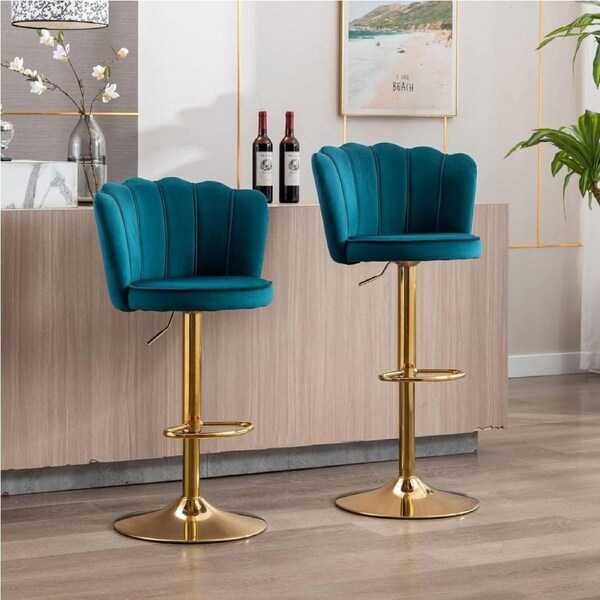SERENITà Swivel Bar Stools Bar Height Set of 2 Adjustable Upholstered Counter Barstool Velvet Bar Chairs with Back/Gold Base for Kitchen Island/Bar/Cafe-Teal Blue