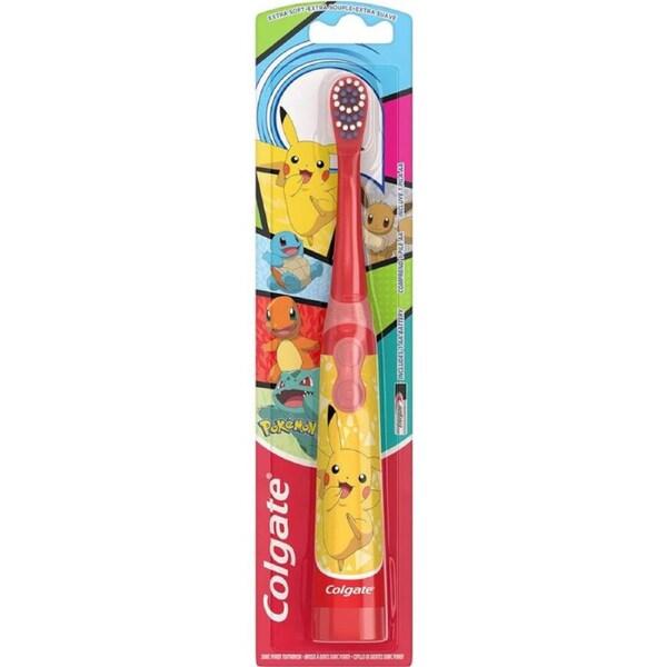 Colgate Kids Battery Powered Toothbrush, Kids Toothbrush with Included AA Battery, Extra Soft Bristles, Flat-Laying Handle to Prevent Rolling, Pokemon Toothbrush, 1 Pack (Style May Vary)