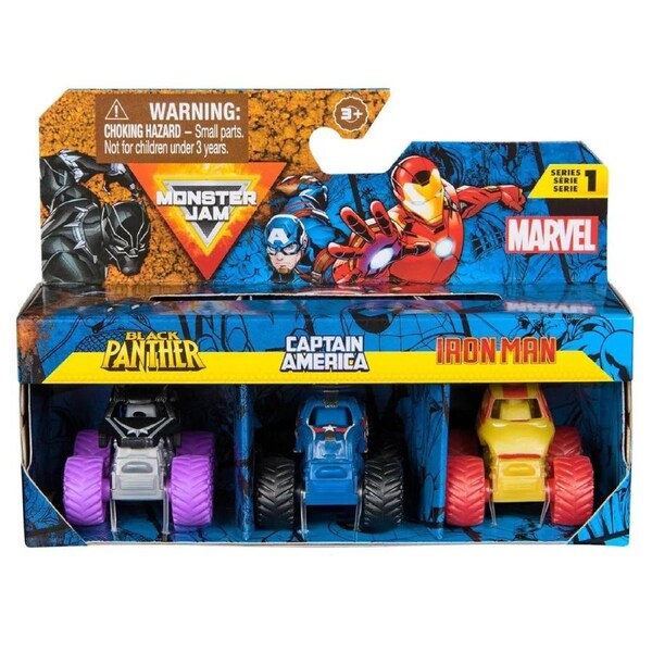 Monster Jam Mini's Marvel 3 Pack Bundle (Black Panther/Captain America/Iron Man)