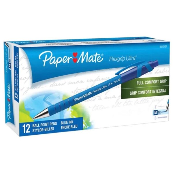 Papermate Flex Grip Retract BallPoint 1.0mm Medium Pen Blue Box 12