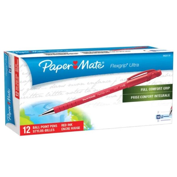 Papermate Flex Grip Stick BallPoint 1.0mm Medium Pen Red Box 12