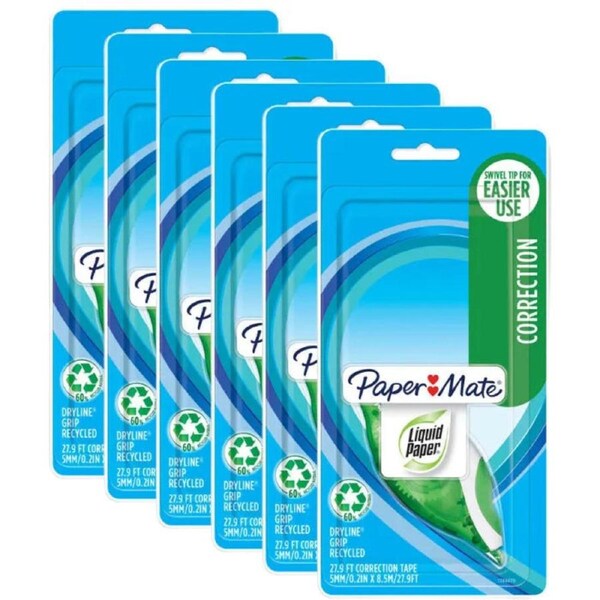 Papermate Liquid Paper Correction Tape Dryline Grip Box 6