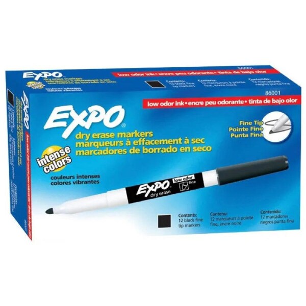 Expo Whiteboard Marker Dry Erase Fine Tip Black Box 12